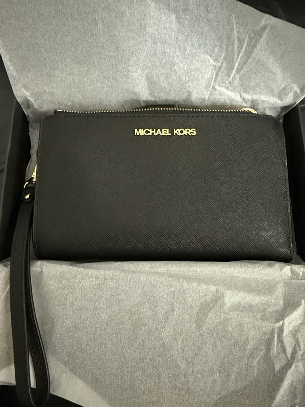 Michael Kors Black Leather Zip Wristlet with Gold Logo